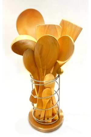 10 parça bambu ahşap kaşık tahta spatula servis kepçe seti-metal standlı YNGN.STNDLI.ST - 1