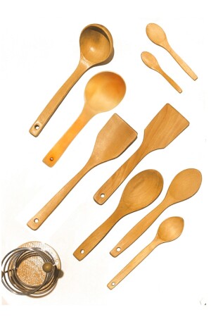 10 parça bambu ahşap kaşık tahta spatula servis kepçe seti-metal standlı YNGN.STNDLI.ST - 2