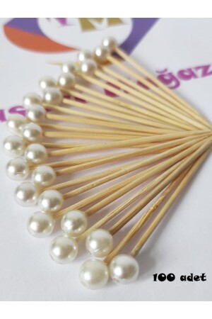 100 Adet Dekoratif Yuvarlak Inci Pasta Kürdanı 6 Cm - Inci 8 Mm - Nişan Söz Incili Kürdan - Tasarı Mağazası