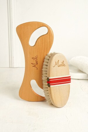 %100 Doğal At Kılı Fırçası ve Ahşap Selülit Masaj Aleti 2' li Bakım Seti - Mar’Le