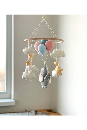 100 % handgefertigtes Babybett-Ornament-Mobile für Mädchen und Jungen mit niedlichem Elefanten, Sternen und Luftballons 876248765 - Keçelibebek
