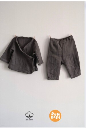 %100 Organik Çift Katlı Müslin Bebek Kimono Takımı (ANTRASİT) - Runbaby