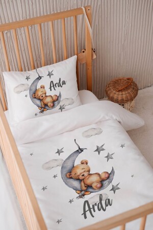 %100 Pamuk Saten Isme Özel 100x150 Bebek Yatak Nevresim Seti Ayıcık - Lilabio