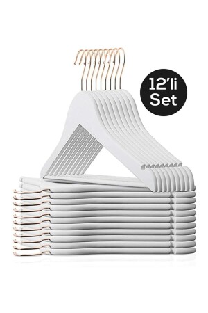 12 Adet - Beyaz Gold Kancalı Ahşap Görünümlü Plastik Askı Kıyafet Elbise Gömlek Askısı - Esti