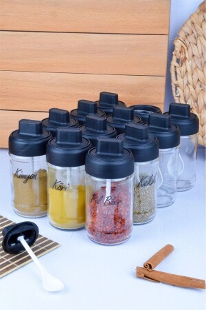 12 Adet Kapağı Kilitli Kendinden Kaşıklı Cam Baharatlık Seti - (300cc) BHRTLK0012 - ALBAK Life