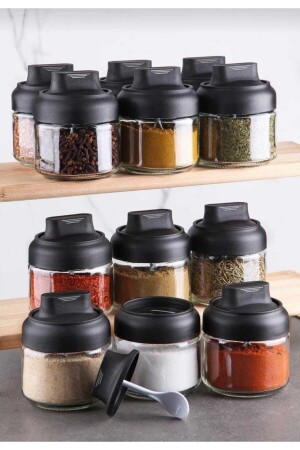 12 Adet Mat Kapaklı Kendinden Kaşıklı Baharatlık Seti - 300 ml -kilitli Baharatlık Etiket Hediyeli KLTBBHRT006544021 - ALBAK Life