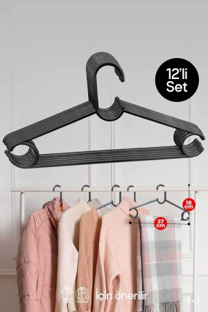 12 Adet - Siyah Plastik Elbise Kıyafet Pantolon Fular Askısı - Esti