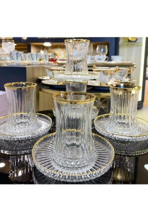 12 Parça Elysia Kesme Gerçek Yaldızlı Çay Seti Takımı - Paşabahçe