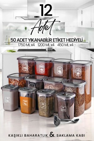 12-teiliges beschriftetes quadratisches Frischhaltedosen- und Gewürzglas-Set mit Löffel (1750 ml, 1200 ml, 400 ml) MCH009504 - Kitchen Life