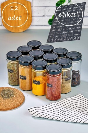 12'li Etiketli Cam Baharatlık Seti 500 Ml Lüks Cam Kavanoz FBZ-500-CM2S - FBZhome