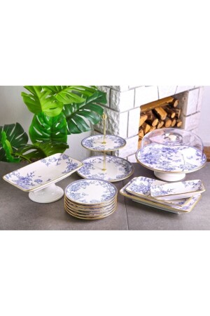 13 Parça Beyaz Gold Mavi Desenli Pasta Servis Sunum Seti - Laviss