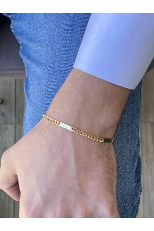14 Karat Gold Herren-Gourmet-Kettenarmband mit rechteckiger Platte und Ecken - Zümrüt Sarraf