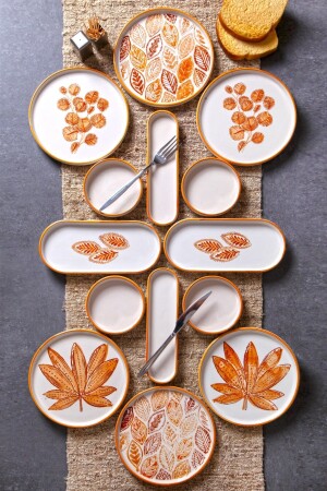 14 Parça 6 Kişilik Handmade Kahve Yaprak Kahvaltı Takımı - Lüx Kahvaltılık Sunum Seti - Nandy Home