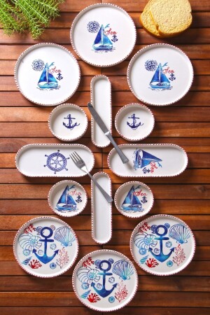 14 Parça 6 Kişilik Handmade Marin Kahvaltı Takımı - Lüx Kahvaltılık Sunum Seti - Nandy Home
