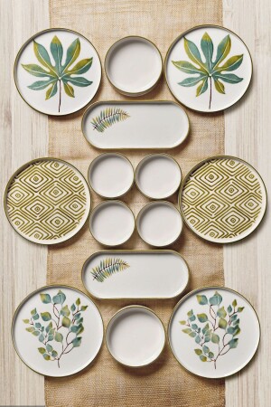 14 Parça 6 Kişilik Stackable Güz Yaprak Kahvaltı Takımı - Lüx Kahvaltılık Sunum Seti Tabağı - Kitchen Life