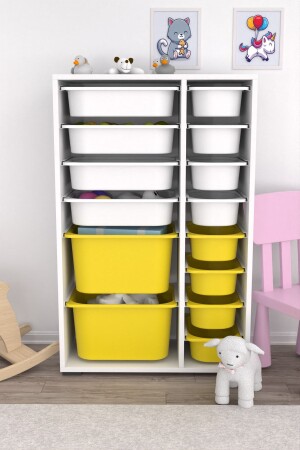 14 Sepetli Çok Amaçlı Oyuncak Dolabı Sarı Beyaz 2d4k8u PRA003203 - Pratico