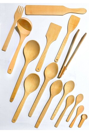 15-teiliges Set aus geöltem Buchenholz, Löffel, Holzspatel, Servierkelle, Holzgabel, Zange, Set YNGN15YĞLKYN81 - Kitchen Mania