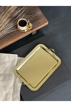 16*24cm Kulplu Gold Sunum Tepsisi-tok Ağır Gold Kaplama Sunum Tepsisi MNR-TPSE105 - Manor Cam