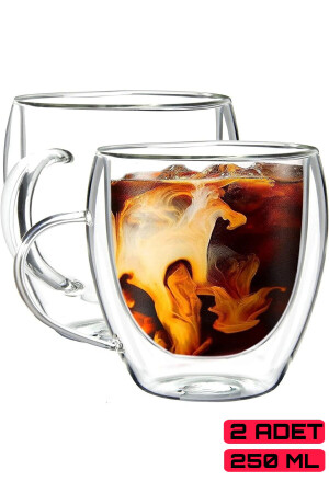 2 Adet Çift Cidarlı Kulplu Cam Çay Kahve Süt Kupa Borosilikat Bardak ARVALE0028 - 1