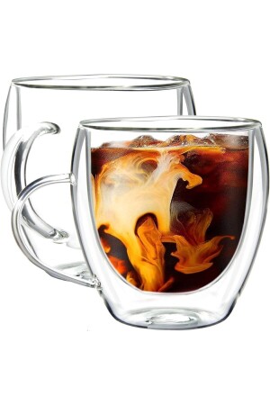 2 Adet Çift Cidarlı Kulplu Cam Çay Kahve Süt Kupa Borosilikat Bardak ARVALE0028 - 3