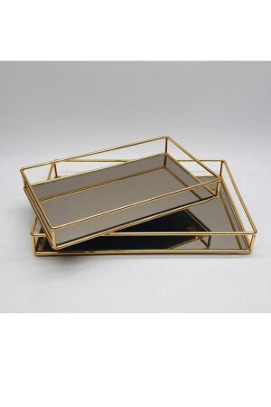 2 Li Metal Tel Dikdörtgen Aynalı Tepsi Silver-gümüş -gold hk03 - Uğurlu