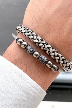 2 Parçalı Örgü Detay Lüks Erkek Bileklik - Lowen Aksesuar