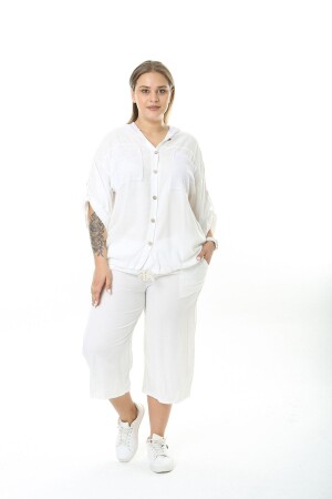 2-teiliges Capri-Set für Damen in großer Größe aus Leinen mit Netztasche und Kapuze und detailliertem Weiß - Xl Modam