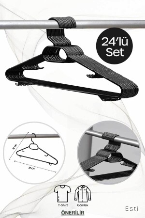 24 Adet Siyah Plastik Elbise Kıyafet Askısı 24'lü Set - Esti