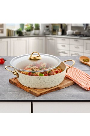 24 Cm Cream Ezme Seri Basık Tencere- Non-Stick Pilav Karnıyarık Tenceresi 2-5 Lt (Çelik Kulp) - Evren