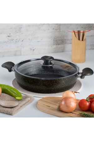 26 Cm Gold Stone Ezme Seri Basık Tencere- Non-stick Pilav Karnıyarık Tencere 2-8 Lt (BAKALİT KULPLU) - Evren