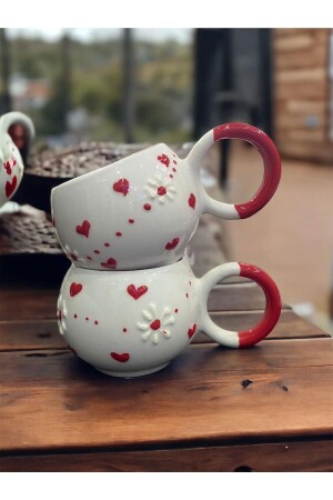 2er-Pack handgestickte Liebhaber-Keramikbecher mit speziell geprägtem Herz und Gänseblümchen und Blasen - Seracey