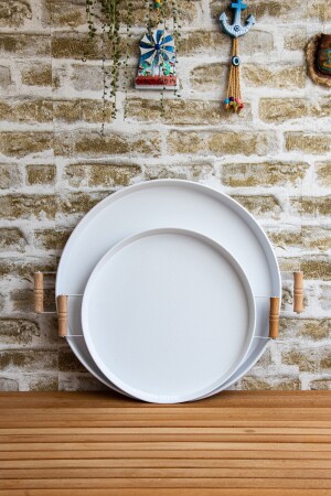 2'li Ahşap Kulplu 45 cm Metal Tepsi Ve 37 cm Beyaz Tepsi Çay Kahve Sunum Tepsisi 37ve45cm - kitchen trend
