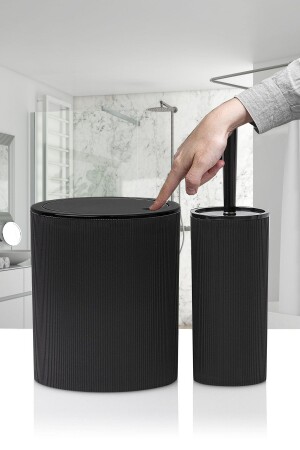 2'li Banyo Seti -Stil Yuvarlak Dokunmatik Pratik Kapaklı Çizgili Banyo Çöp Kovası - Fırça Seti Siyah - Tugomer