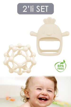 2'li Bebek Dişlik Seti - Diş Kaşıyıcı El Topu - Silikon Bebek Diş Kaşıma Eldiveni Bej - Meleni Baby