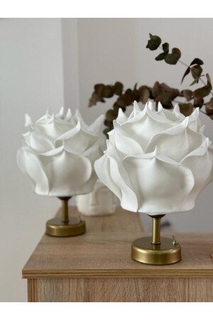 2'li Dekor Yapay Eva Gül Kablosuz Masa Lambası Üst Beyaz-alt Eskitme Gold (9V KARE PİL) (2 ADET) - Maison Avf