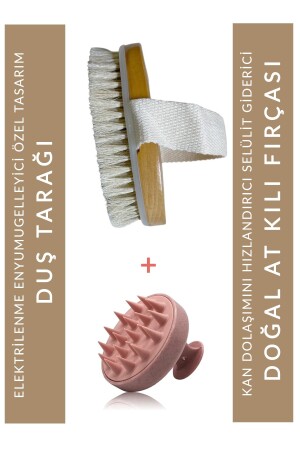 2li Set - %100 Doğal At Kılı Selülit Fırçası Pembe Silikon Tarak - Muggio