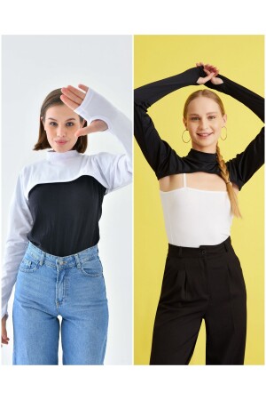 2’li Set Balıkçı Parmaklı Boyunluklu Kolluk Beyaz Siyah Tesettür Boyunluk Uzun Kollu Boyunluk bolero - Mirach