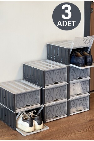 3 Adet Modüler Ayakkabı Saklama Kutusu - İstiflenebilir Ayakkabı Düzenleyici Kapaklı Ayakkabı Dolabı - Tugomer