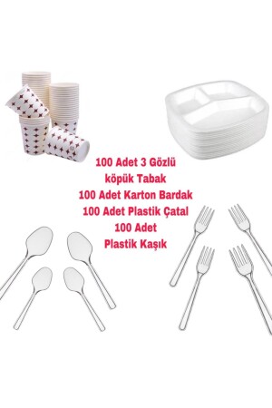 3 Gözlü Köpük Tabak - Plastik Çatal,kaşık - Karton Bardak Eko Set 000001 - 1