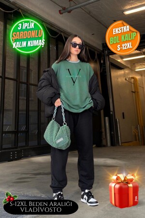 3 Iplik Şardonlu Kalın Büyük Beden Gri / Siyah Kadın Yüksek Bel Oversize Eşofman Altı Jogger - Vladivosto