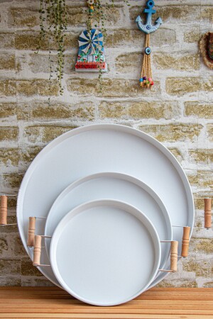 3 Lü (51- 37- 30 CM) Ahşap Kulplu Metal Tepsi Çay Tepsisi Kahve Tepsisi Sunum Tepsi Seti - Kitchen Trend