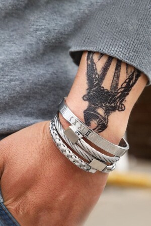 3 Lü Örgü Roma Rakam Kelepçe Çelik Erkek Bileklik Ep44 ehy-ep44 - Chavin