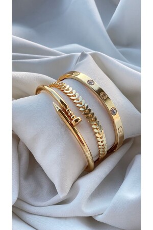 3 Parçalı Çivi-kelepçe & Tırtıl Model Gold Renk Kadın Bileklik Kombini - Lowen Aksesuar