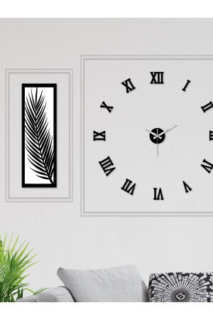 3 Parçalı Duvar Saati Seti, Akrilik Pleksi Aynalı Palmiye Yapraklar Ve Duvar Saat Uv Pano Set wf-saat-palmroma - 2
