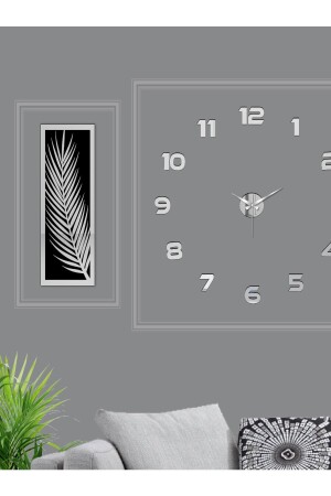 3 Parçalı Duvar Saati Seti, Akrilik Pleksi Aynalı Palmiye Yapraklar Ve Duvar Saat wf-saat-palmroma - 2