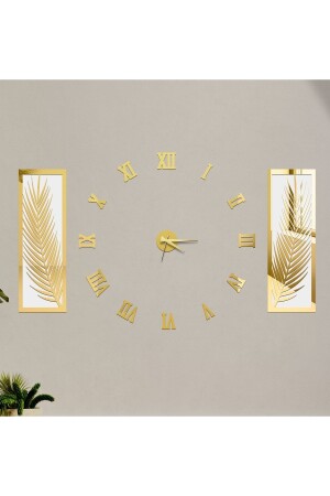 3 Parçalı Duvar Saati Seti- Akrilik Pleksi Aynalı Palmiye Yapraklar Ve Roma R. Saat - Wooden Factory