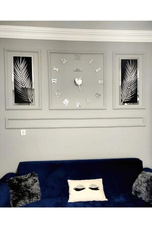 3 Parçalı Duvar Saati Seti- Akrilik Pleksi Aynalı Palmiye Yapraklar Ve Roma R. Saat - Wooden Factory