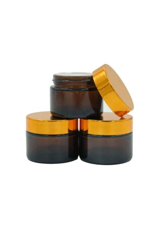 3 Stück Cremetiegel aus bernsteinfarbenem Glas mit goldenem Deckel – 30 cc 553 - parlakcam
