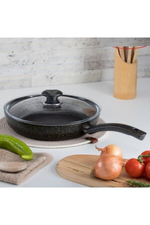 30 Cm Gold Stone Ezme Seri Kapaklı Tava- Non-stick Kızartma Tavası (BAKALİT KULPLU) - Evren