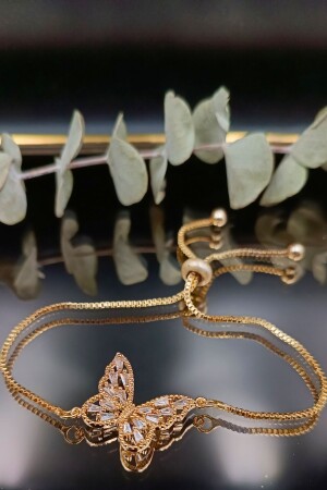 316 L. Çelik Kararmaz Asansör Zincir Kelebek Zirkon Taşlı Bileklik Gold - Dg Aksesuar